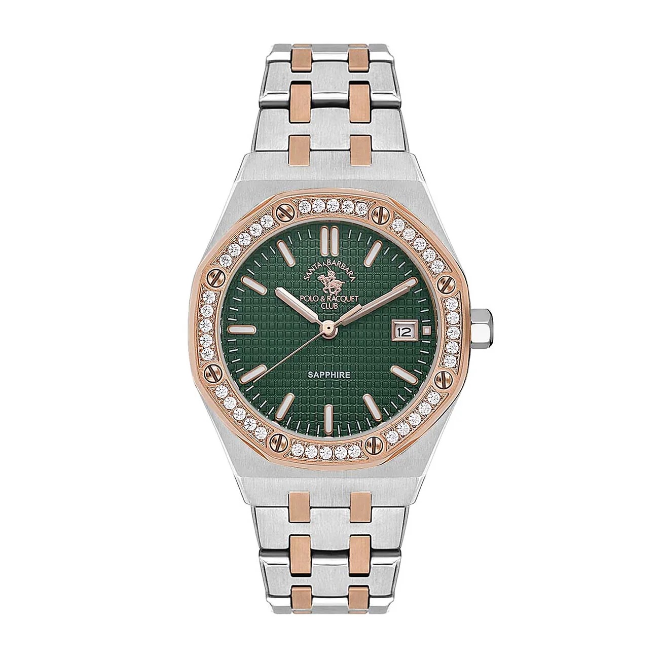 Santa Barbara Polo Luxury Women Silver/Rose Gold Green Gemset Watch