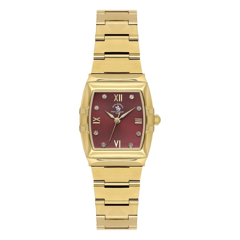 Santa Barbara Polo Unique Women Gold Burgundy Rectangular Watch