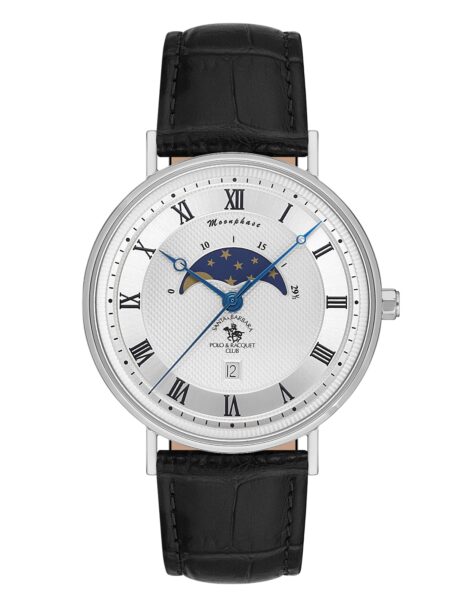Santa Barbara Polo Classic Men White Moonphase Leather Watch