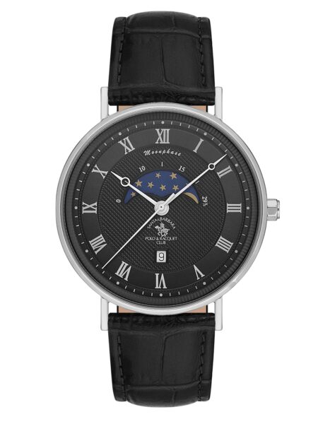 Santa Barbara Polo Classic Men Black Moonphase Leather Watch
