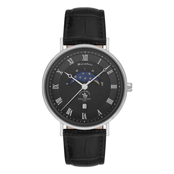 Santa Barbara Polo Classic Men Black Moonphase Leather Watch