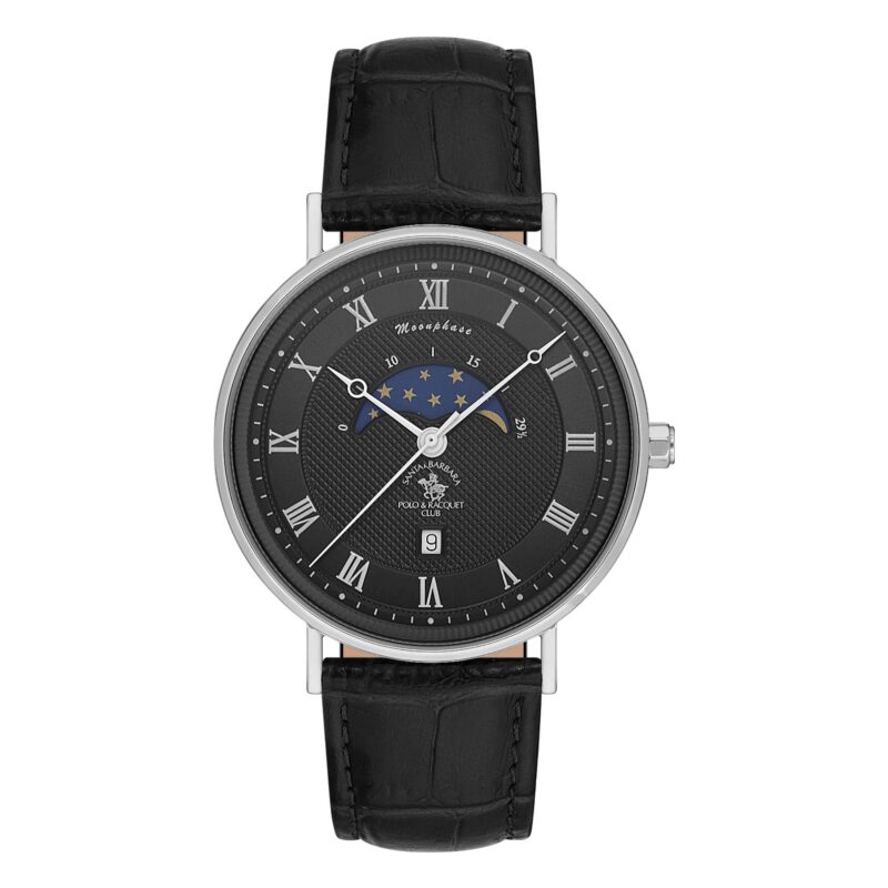 Santa Barbara Polo Classic Men Black Moonphase Leather Watch