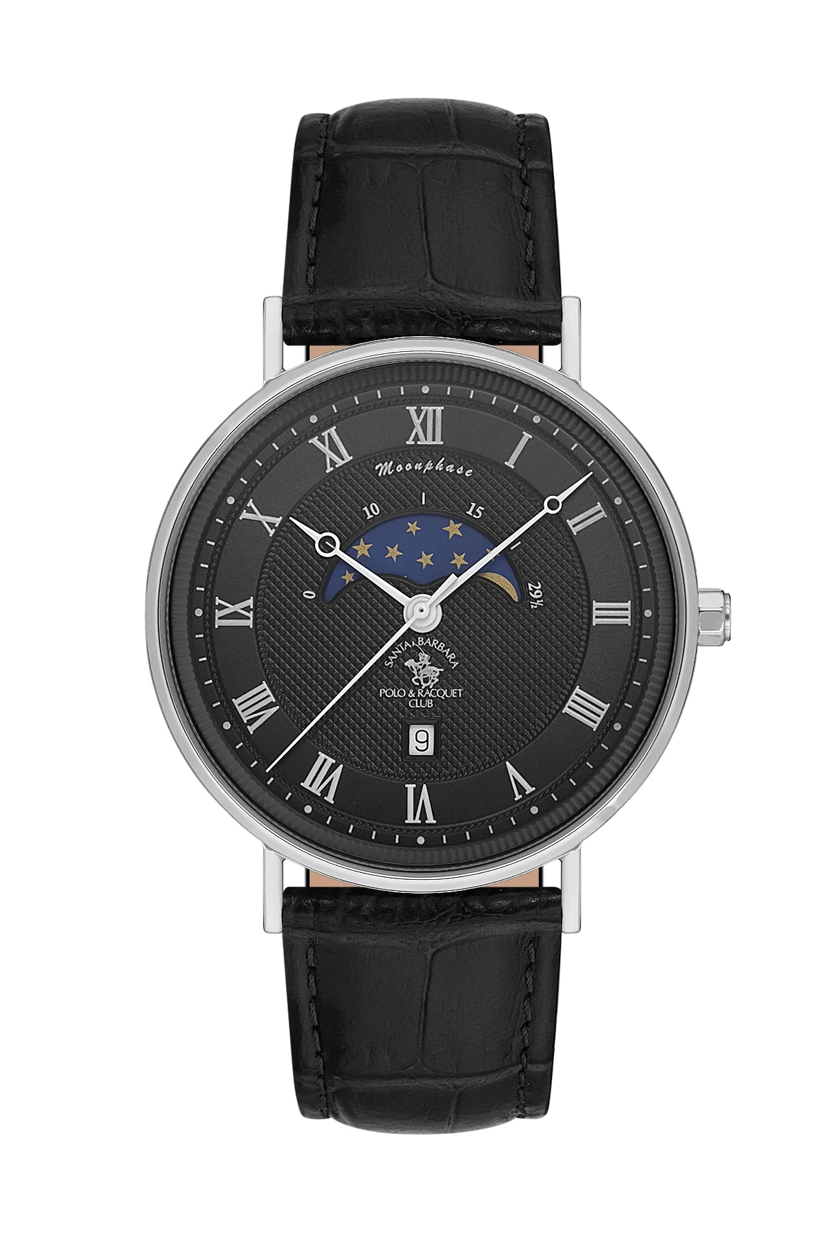 Santa Barbara Polo Classic Men Black Moonphase Leather Watch