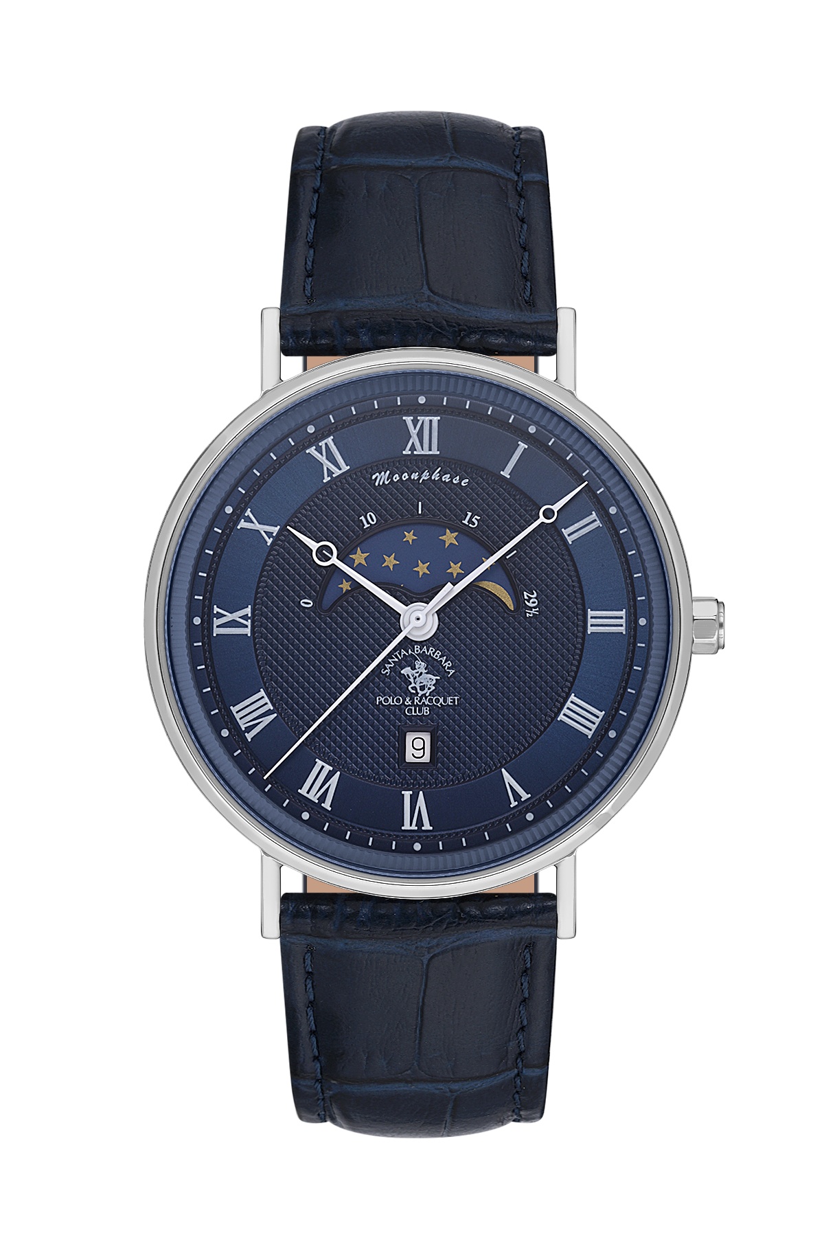 Santa Barbara Polo Classic Men Blue Moonphase Leather Watch